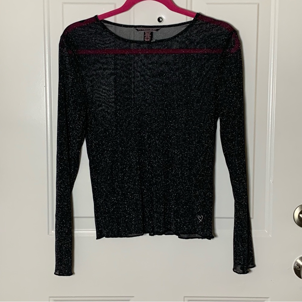 Victorias Secrets Women Sheer Glitter Top Black Size XS To Small Stretchy NWOT